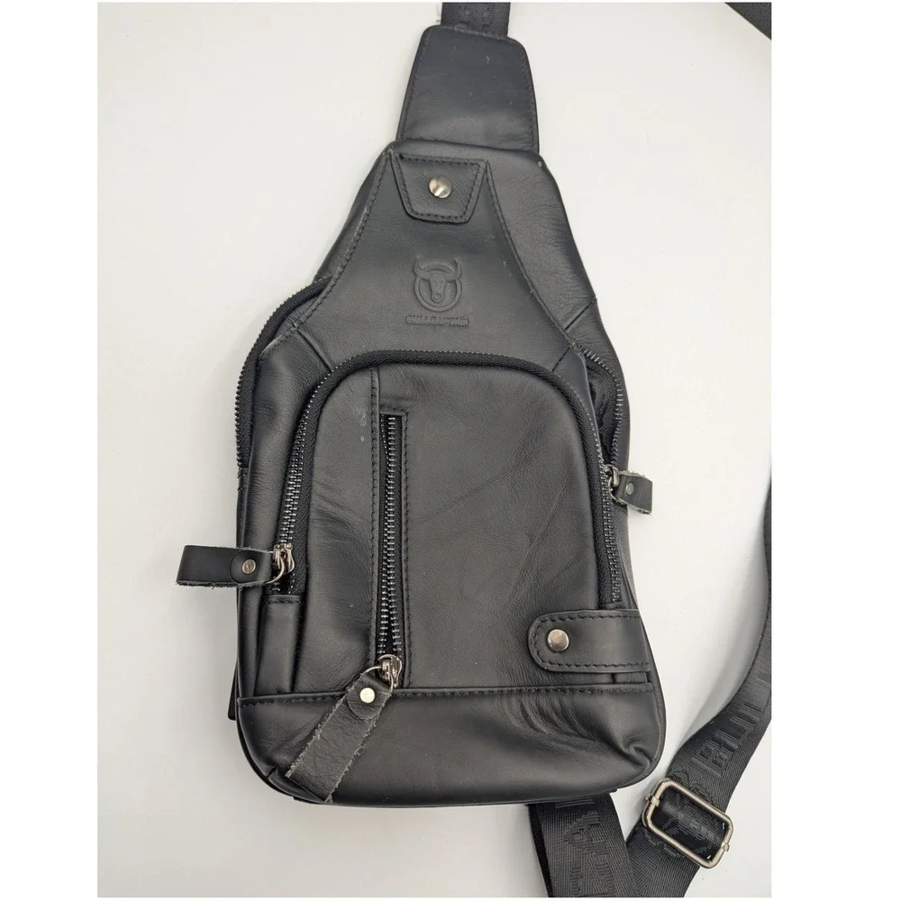 Bullcaptain Sling Bag Black Leather USB Charging Port Chest Pack Small